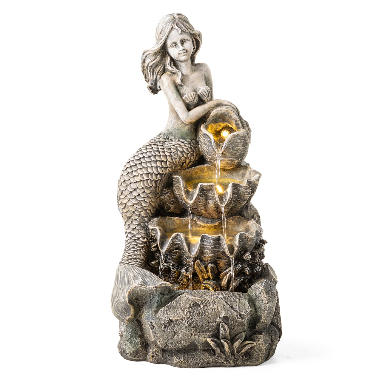 Glitzhome® 22.25" LED 4-Tier Concrete Mermaid Outdoor Fountain